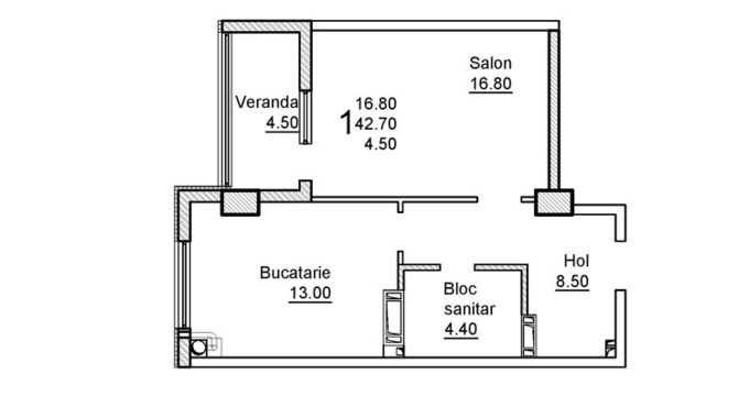 Планировка 1-комнатные квартиры, 42.7 m2 в ЖК Mircea cel Batrin 41, в г. Кишинёва