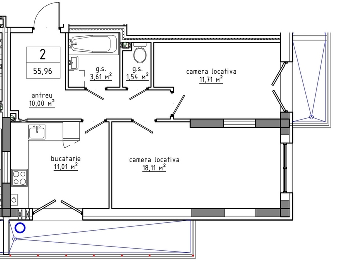 Планировка 2-комнатные квартиры, 55.96 m2 в Urban Residence, в г. Кишинёва