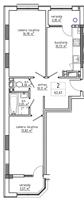 Планировка 2-комнатные квартиры, 62.61 m2 в Urban Residence, в г. Кишинёва