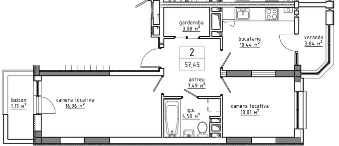 Планировка 2-комнатные квартиры, 57.45 m2 в Urban Residence, в г. Кишинёва