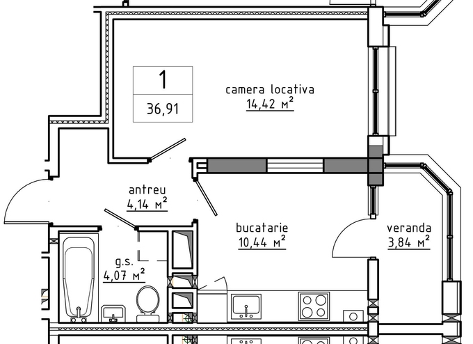 Планировка 1-комнатные квартиры, 36.91 m2 в Urban Residence, в г. Кишинёва