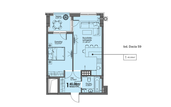 Планировка 1-комнатные квартиры, 45.8 m2 в ЖК Metropolis, в г. Кишинёва