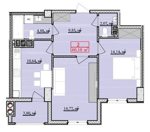 Schița 2 camere apartamentului, 60.1 m2 în Complex Green Park Residence, Chişinău