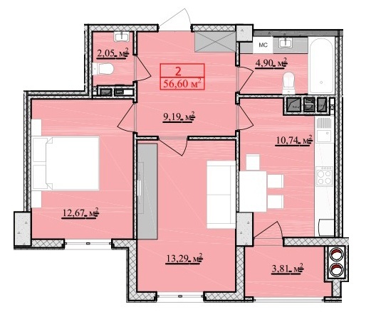 Schița 2 camere apartamentului, 56.6 m2 în Complex Green Park Residence, Chişinău