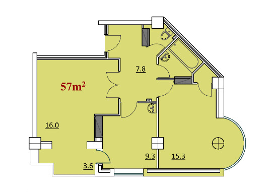 Планировка 2-комнатные квартиры, 57 m2 в ЖК Teatral, в г. Кишинёва