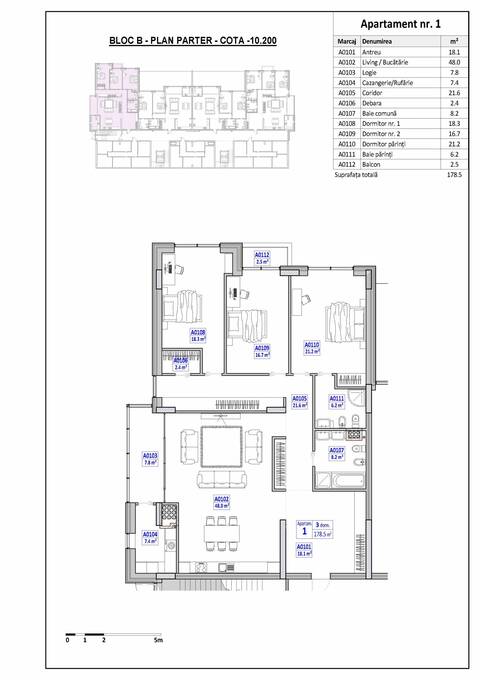 Планировка 3-комнатные квартиры, 178.5 m2 в str. Universității, 25, в г. Кишинёва