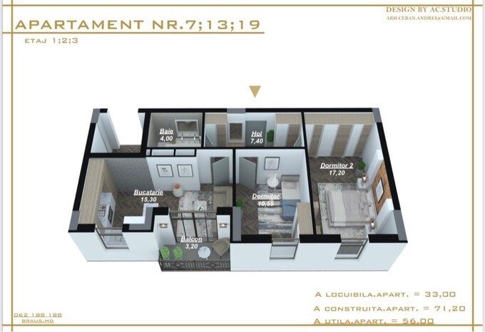 Планировка 2-комнатные квартиры, 56 m2 в Elite Residence, в г. Кишинёва