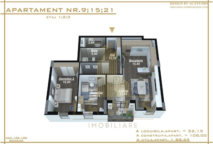 Планировка 3-комнатные квартиры, 88.65 m2 в Elite Residence, в г. Кишинёва