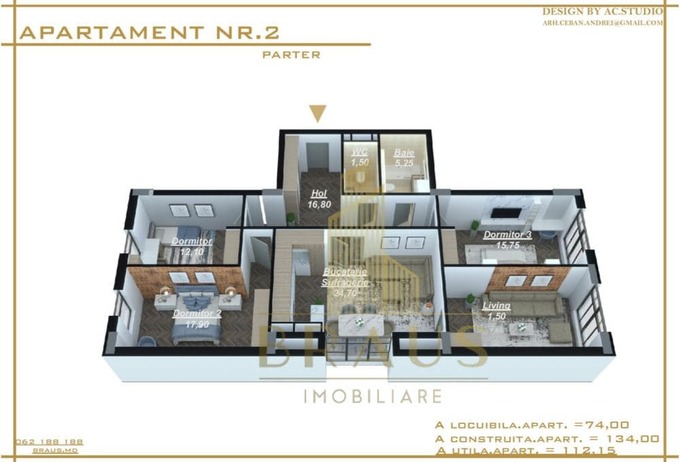 Schița 3 camere apartamentului, 112.15 m2 în Elite Residence, Chişinău