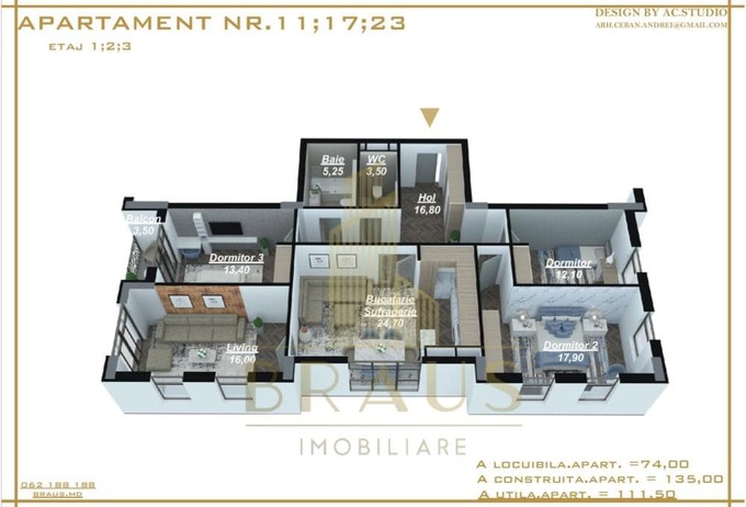 Планировка 3-комнатные квартиры, 111.5 m2 в Elite Residence, в г. Кишинёва