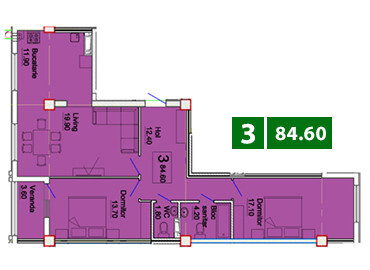 Планировка 3-комнатные квартиры, 84.6 m2 в Eco City Residence, в г. Кишинёва