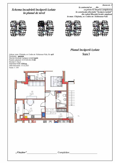 Schița 2 camere apartamentului, 65.64 m2 în Complex locativ Codru, Chişinău