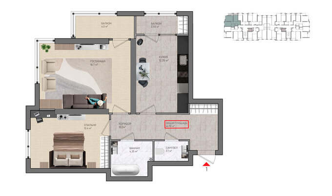 Планировка 2-комнатные квартиры, 66.9 m2 в ЖК Comrat, в г. Кишинёва