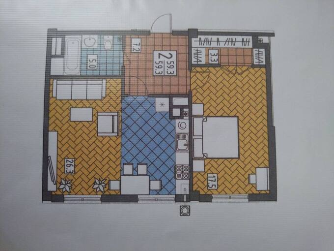 Schița 2 camere apartamentului, 59.3 m2 în Complex Șahin Residence, Chişinău