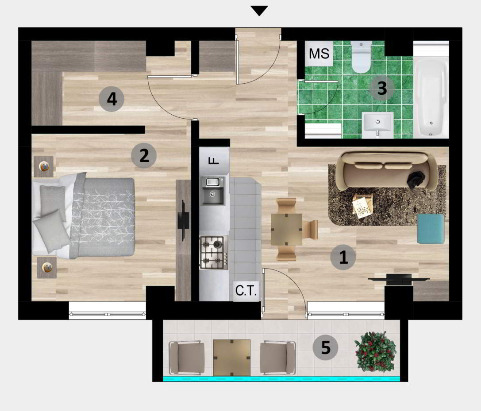 Schița 2 camere apartamentului, 53.09 m2 în IBO Residence, Mamaia