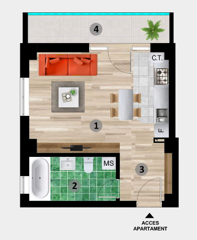 Schița Garsoniere apartamentului, 44.23 m2 în IBO Residence, Mamaia