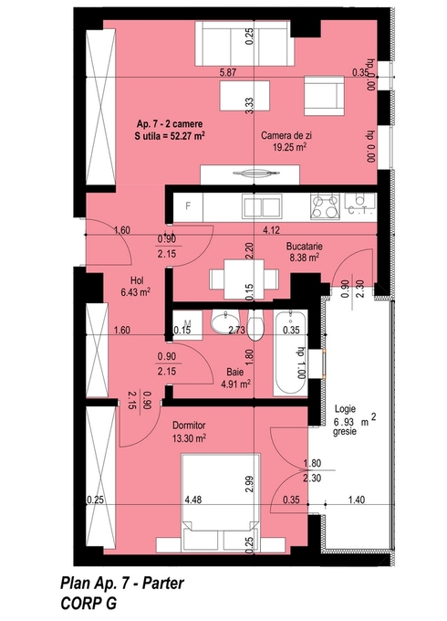 Schița 2 camere apartamentului, 52.27 m2 în Sapporo Town, Timișoara