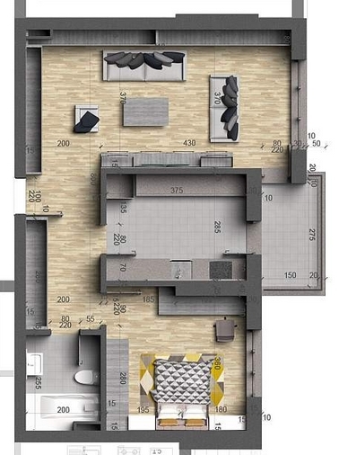 Schița 2 camere apartamentului, 76.85 m2 în Victoria Focșani, Brașov