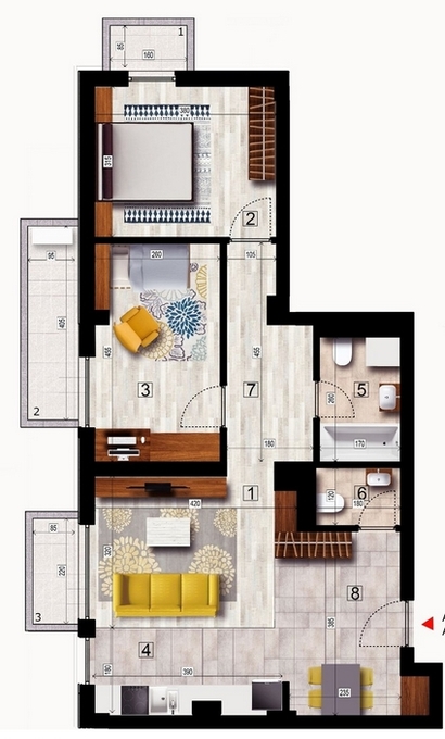 Schița 3 camere apartamentului, 90.67 m2 în Maia Victoriei, Pitești