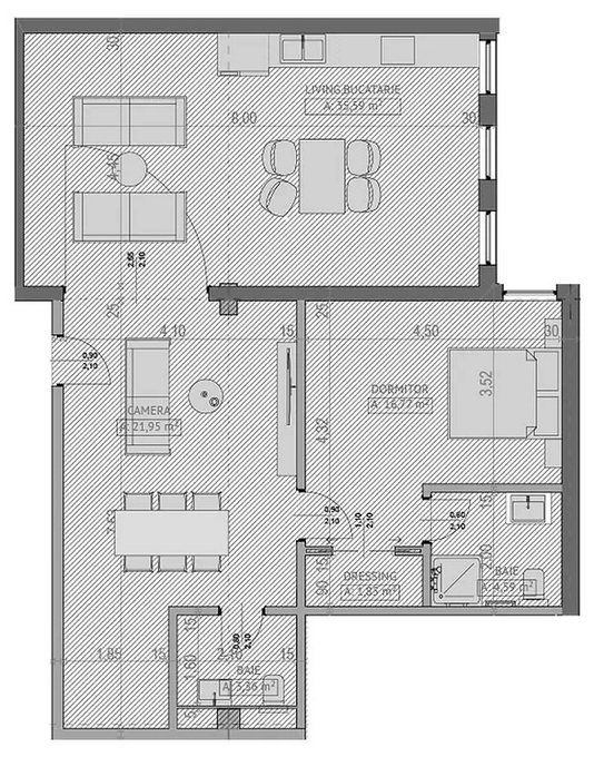 Schița 3 camere apartamentului, 88.09 m2 în Blue Residence Sebeș, Sebeș