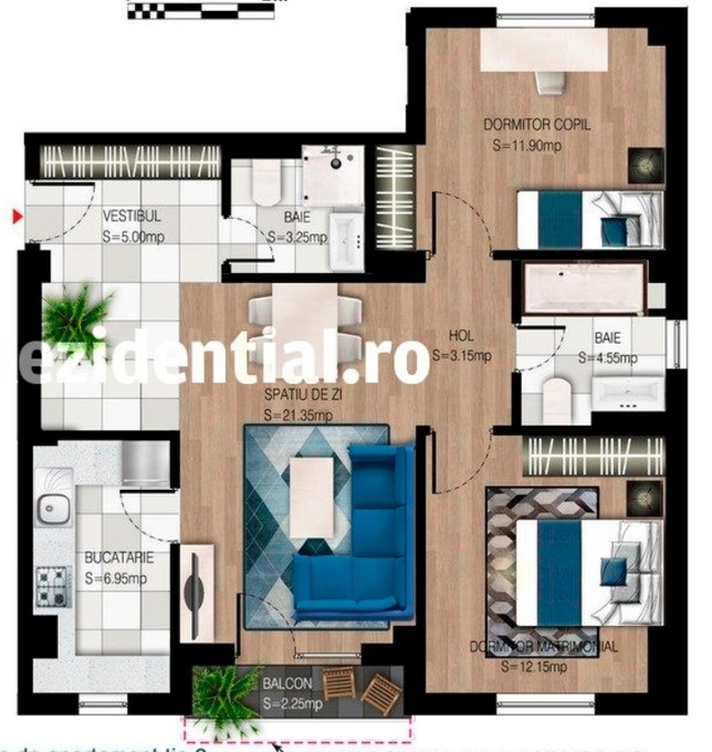 Schița 3 camere apartamentului, 81.3 m2 în Sabina's Residence Brancoveanu, București