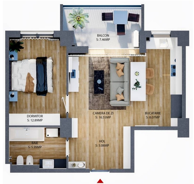 Schița 2 camere apartamentului, 65.49 m2 în Rezidential Iosia, Oradea