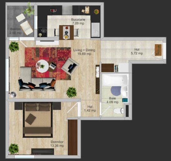 Schița 2 camere apartamentului, 60.69 m2 în Green Hills, Bacău