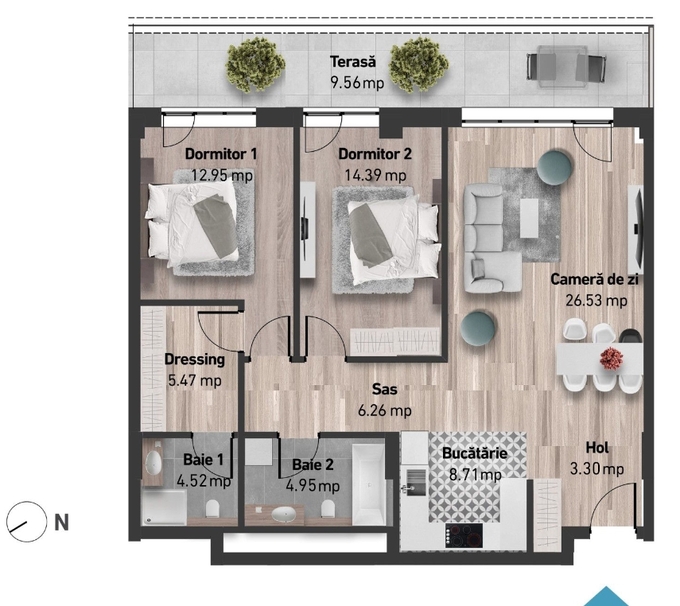 Schița 3 camere apartamentului, 87.08 m2 în Azoria, Cluj-Napoca