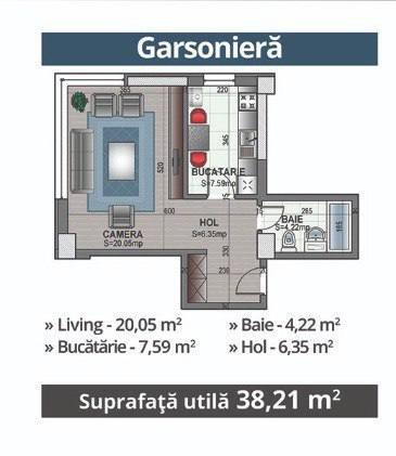 Schița Garsoniere apartamentului, 38.21 m2 în IN Rezidential 2 Militari, București