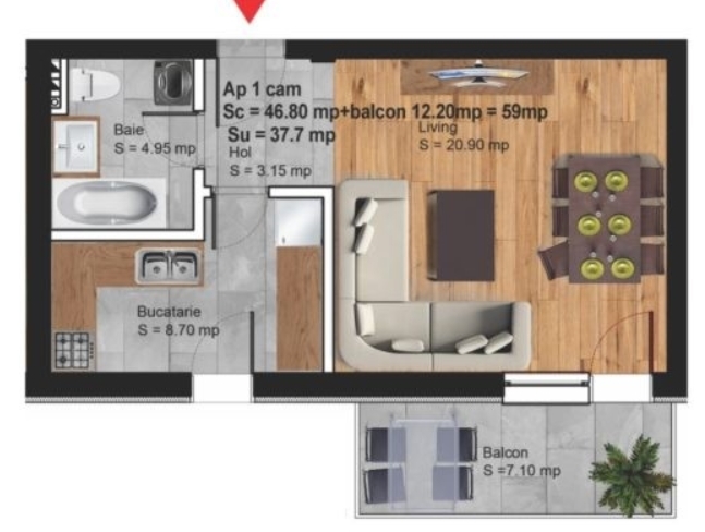 Schița 1 camere apartamentului, 59 m2 în MRS Residence Village Ploiești, Ploiești