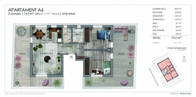 Schița 3 camere apartamentului, 74 m2 în Elite Residence, Cluj-Napoca
