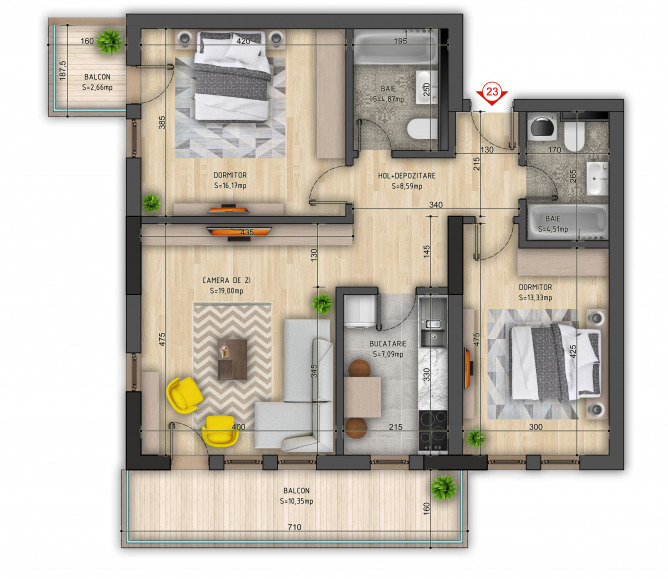 Schița 3 camere apartamentului, 99.78 m2 în The Class Apartments 3, București
