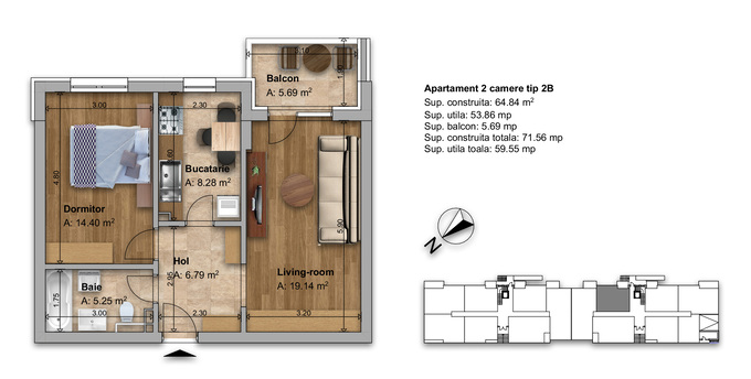 Schița 2 camere apartamentului, 59.55 m2 în Regnum Residence & Spa, București