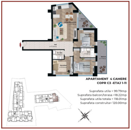Schița 4 camere apartamentului, 118.01 m2 în Metropolitan Viilor, București