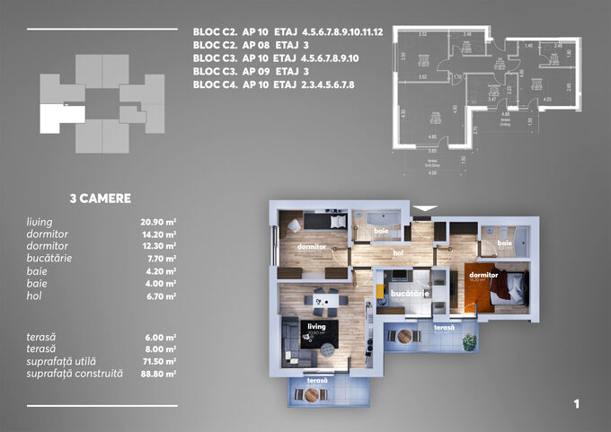 Schița 3 camere apartamentului, 88.8 m2 în Smart Residence, București