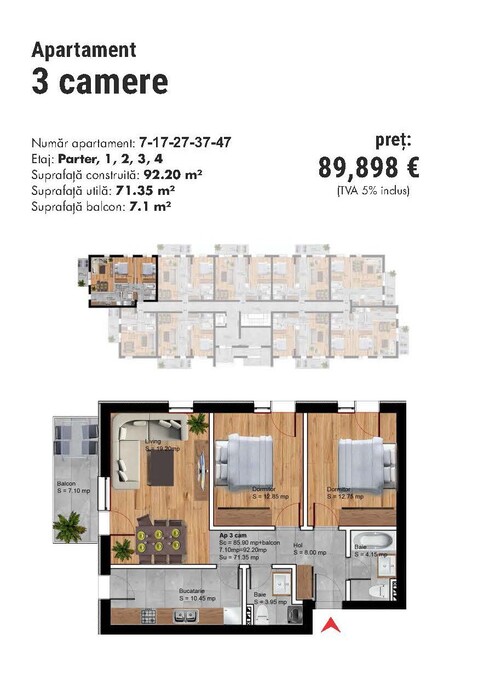 Schița 3 camere apartamentului, 92.2 m2 în MRS Residence Village Ploiești, Ploiești