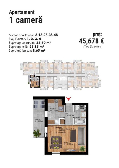 Schița 1 camere apartamentului, 56.3 m2 în MRS Residence Village Ploiești, Ploiești