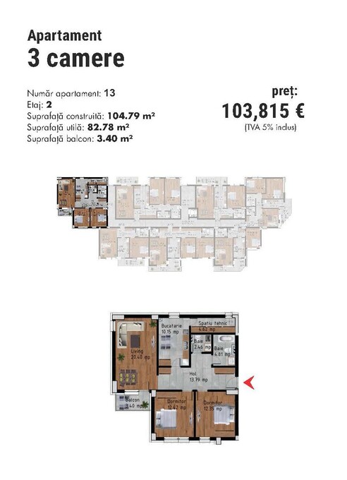 Schița 3 camere apartamentului, 104.79 m2 în MRS Residence Village Ploiești, Ploiești