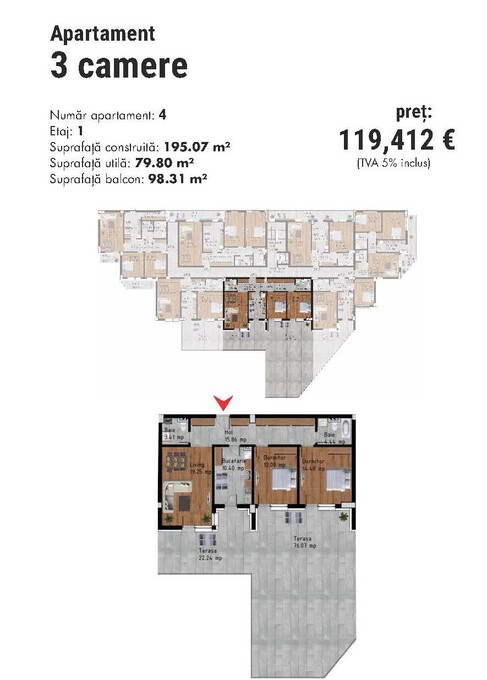 Schița 3 camere apartamentului, 92.58 m2 în MRS Residence Village Ploiești, Ploiești