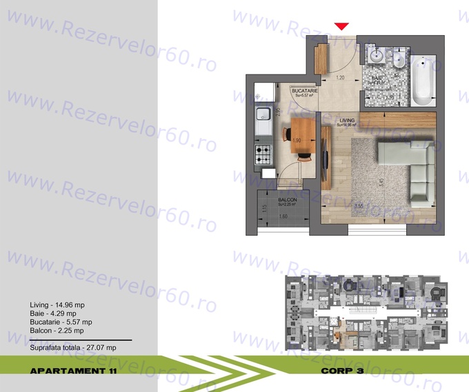 Schița Garsoniere apartamentului, 27.07 m2 în Rezervelor 60 View Residence, București