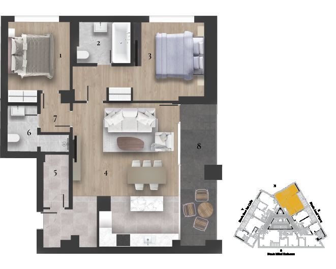 Schița 3 camere apartamentului, 106.41 m2 în Eminescu 65 Residence, București