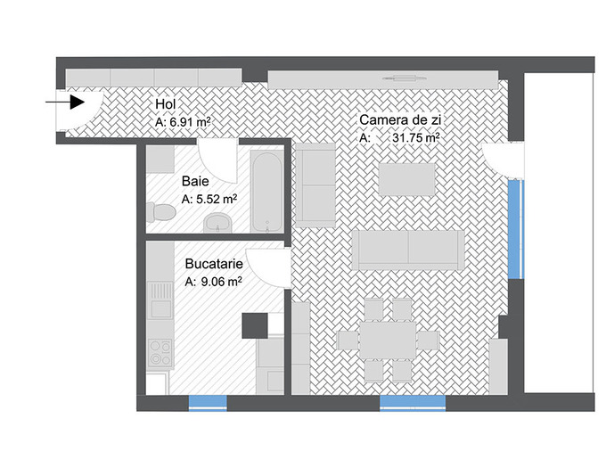 Schița 1 camere apartamentului, 53.24 m2 în Toronto Residence, Timișoara
