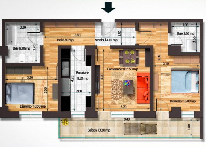 Schița 3 camere apartamentului, 82.6 m2 în ADM Rezidential, București