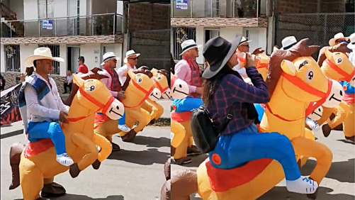 En caballos inflables, el tipo de cabalgata que propusieron algunos ciudadanos en el Carnaval de Riosucio