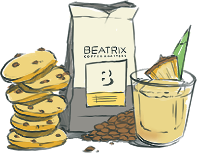 illustration of coffee bag, stack of cookies and a cocktail