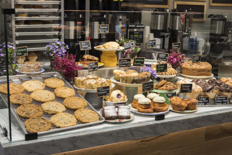 pastries in a display at beatrix cinespace