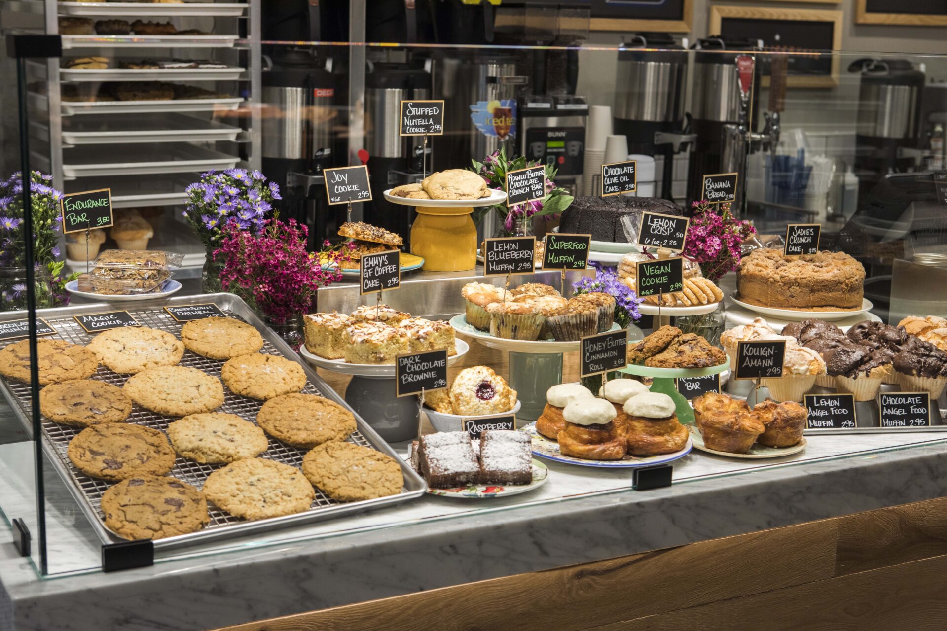 pastries in a display at beatrix cinespace
