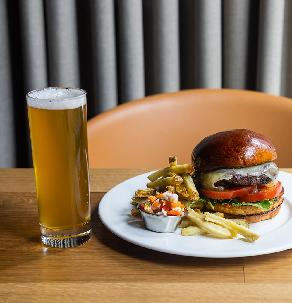 Photo of a burger and beer