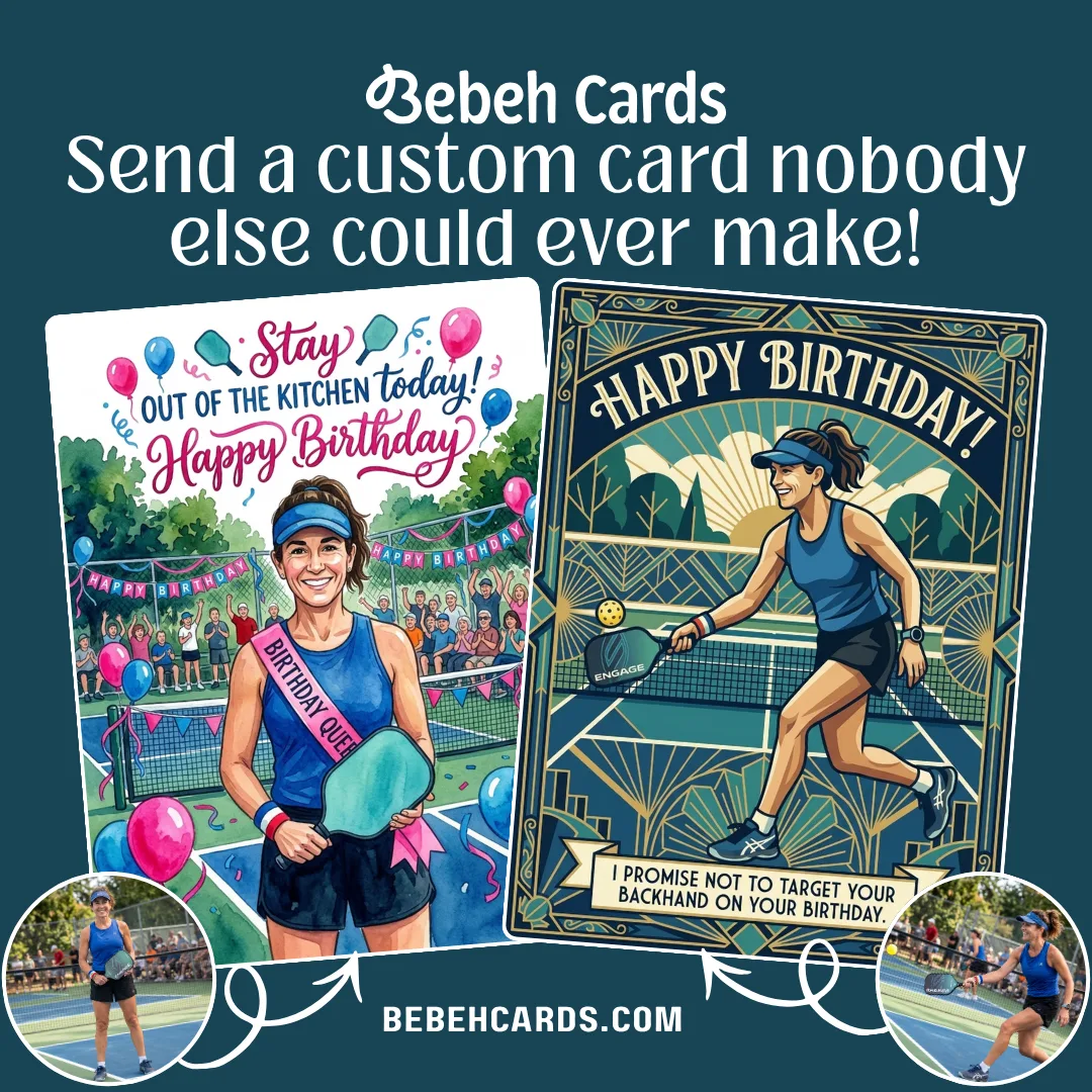 Custom pickleball birthday cards, created from photos with punny humor. 