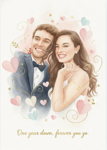 Bride and groom at their wedding on an anniversary card